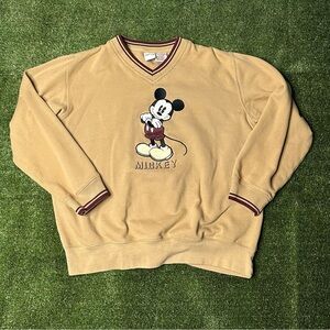 Vtg Disney V-Neck Sweater with Mickey Mouse - Tan and Maroon small